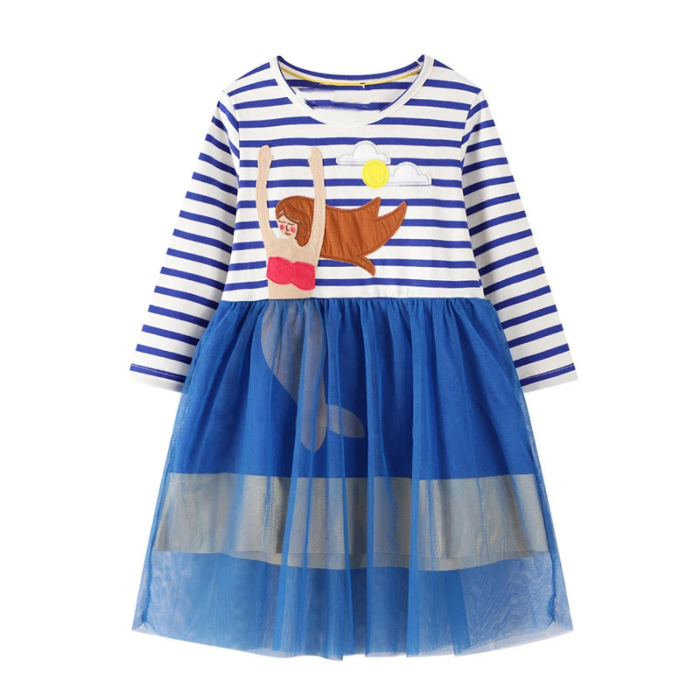 Full Sleeve Mermaid Theme Striped  Girls Dress, Blue