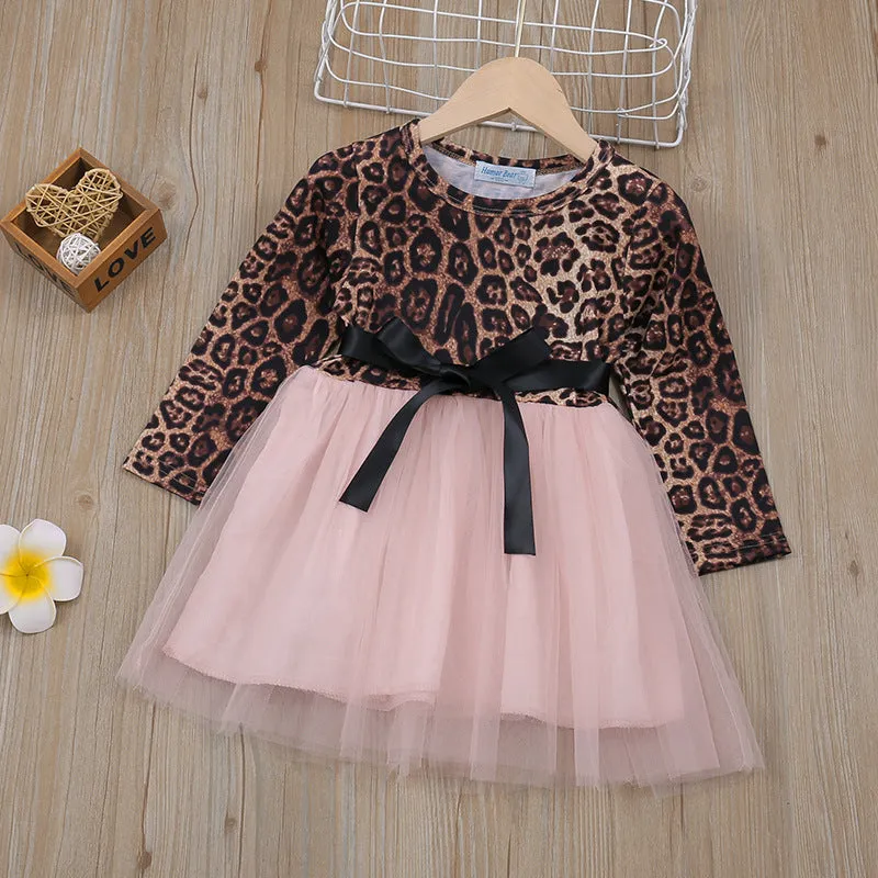 Girls Leopard Print Bow Full Sleeve Pink Dress