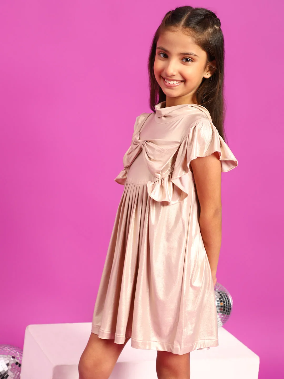 Girls Pink Polyester Regular Fit Solid Dress