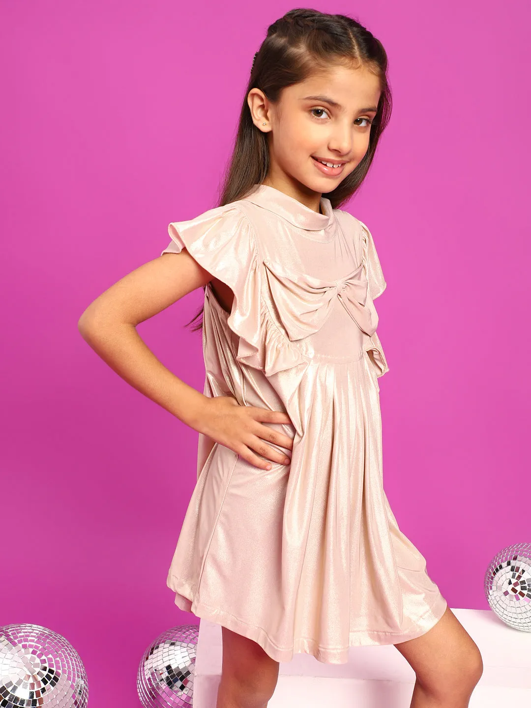 Girls Pink Polyester Regular Fit Solid Dress