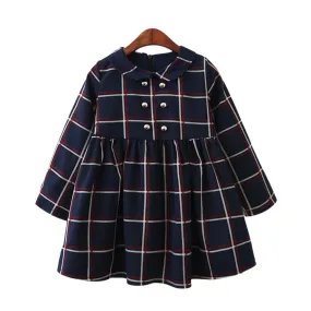 Girls Tartan Print Frill Trim Double Button Dress