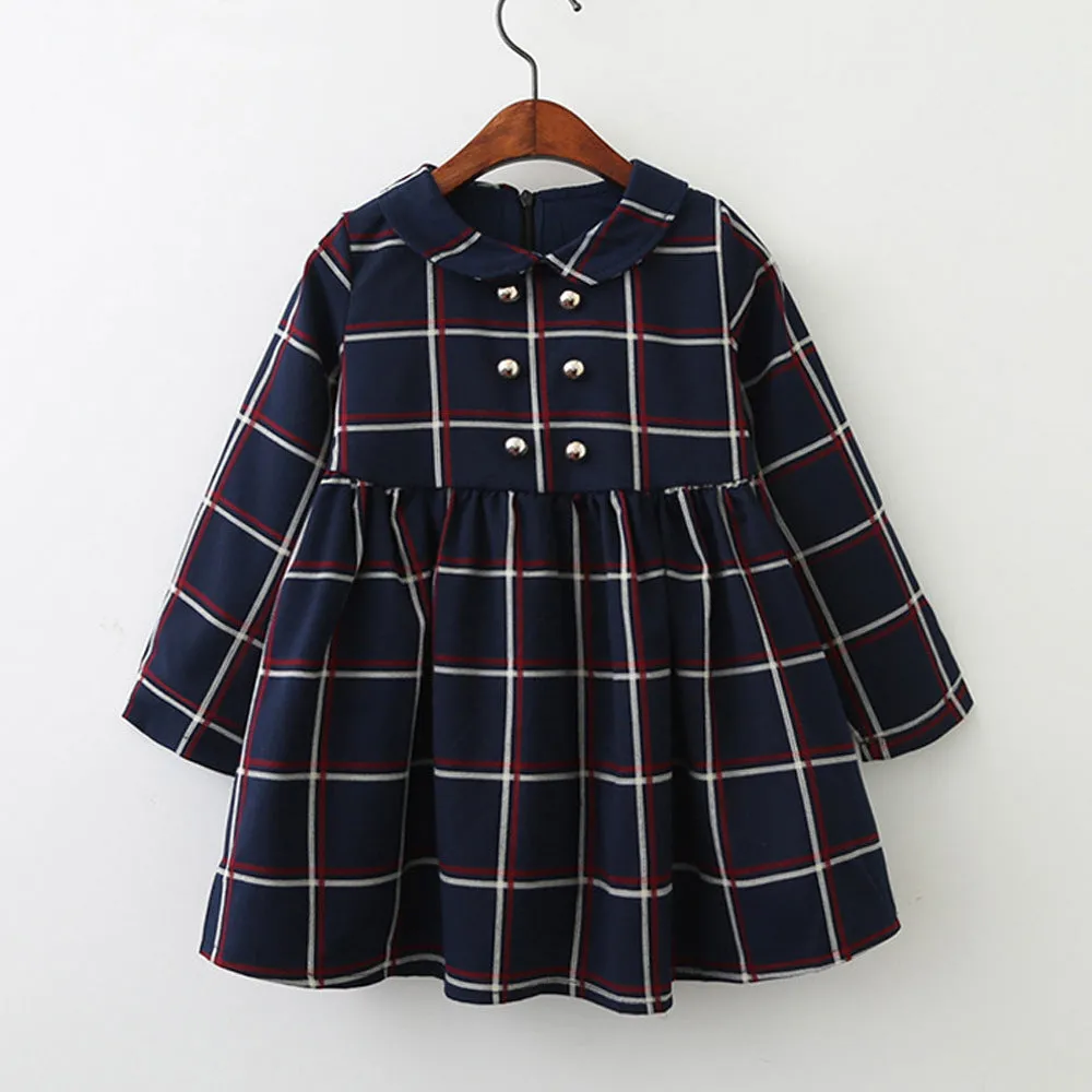 Girls Tartan Print Frill Trim Double Button Dress