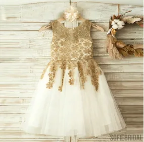 Gold Lace Sleeveless Tulle Flower Girl Dresses, Little Girl Dresses, Cheap Flower Girl Dresses, FG073