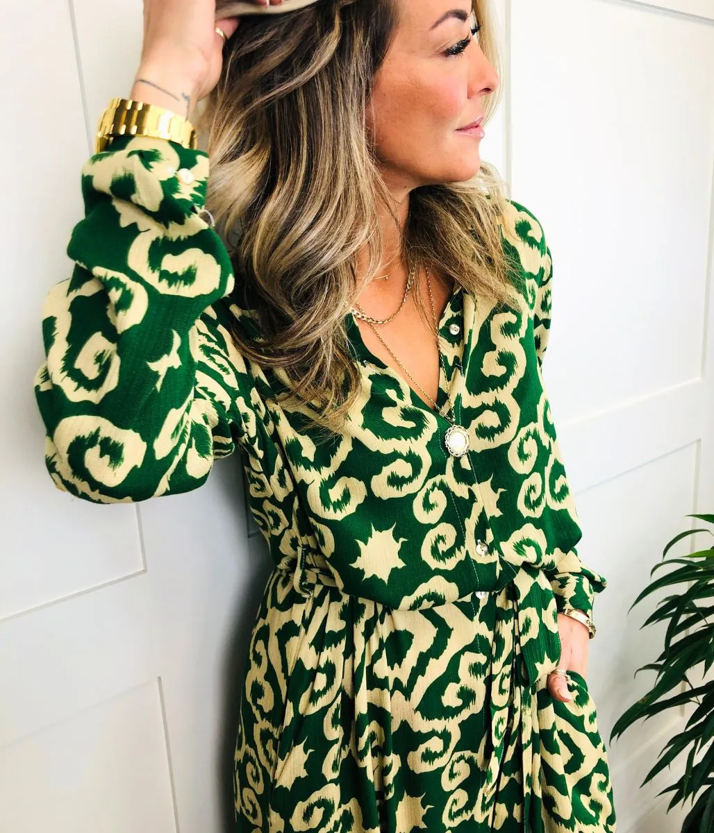 Green Baroque Midi Shirt Dress