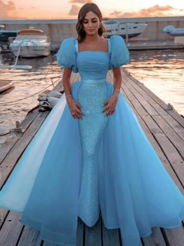 High Fashion Sequnis Blue Long Prom Dresses, Elegant Evening Dresses, Bubble Sleeves 2022 Prom Dresses