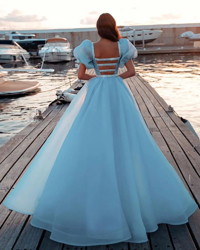 High Fashion Sequnis Blue Long Prom Dresses, Elegant Evening Dresses, Bubble Sleeves 2022 Prom Dresses