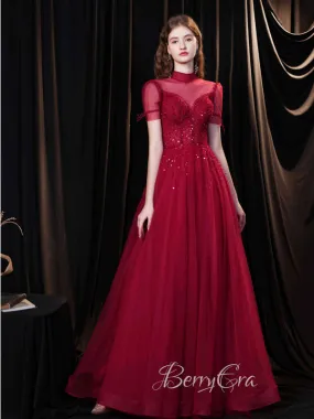 High Neck Burgundy Beaded Tulle Prom Dresses, Princess Dresses, 2023 Prom Dresses, Graduation Girl Party Dresses