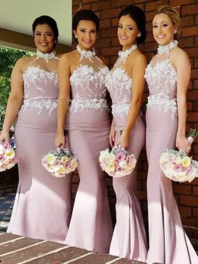 high neck pink bridesmaid dresses long mermaid lace appliqué elegant cheap wedding guest dresses 2020