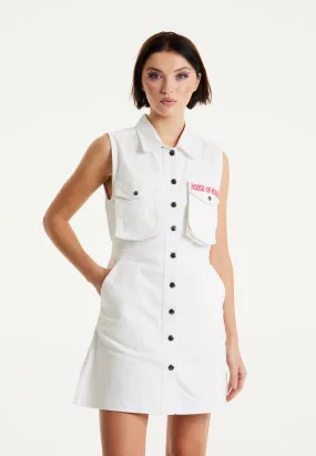 House Of Holland White Denim Mini Dress With Skater Embroidery