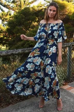 Isabella Boho Off Shoulder Maxi Dress Navy Floral