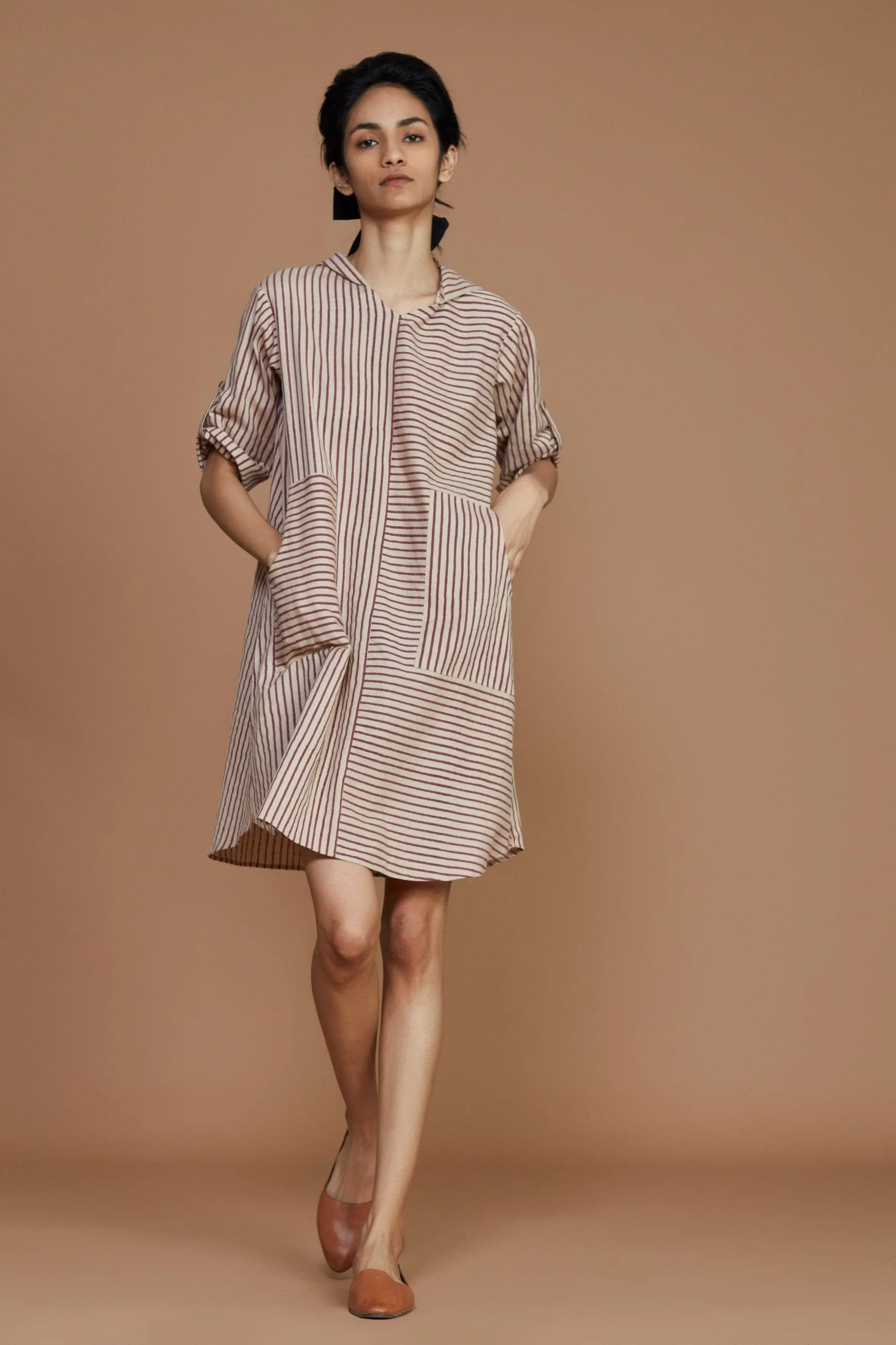 Ivory With Mauve Striped Hooded Dress