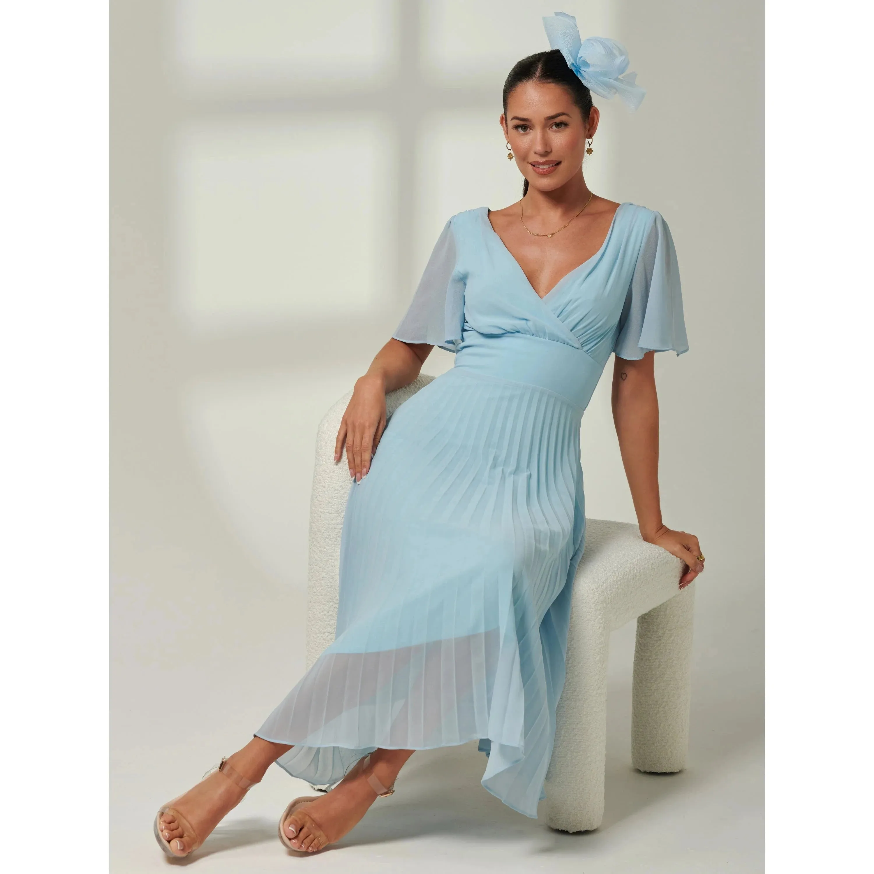 Jolie Moi Light Blue Pleated Chiffon Dress With Angel Sleeves