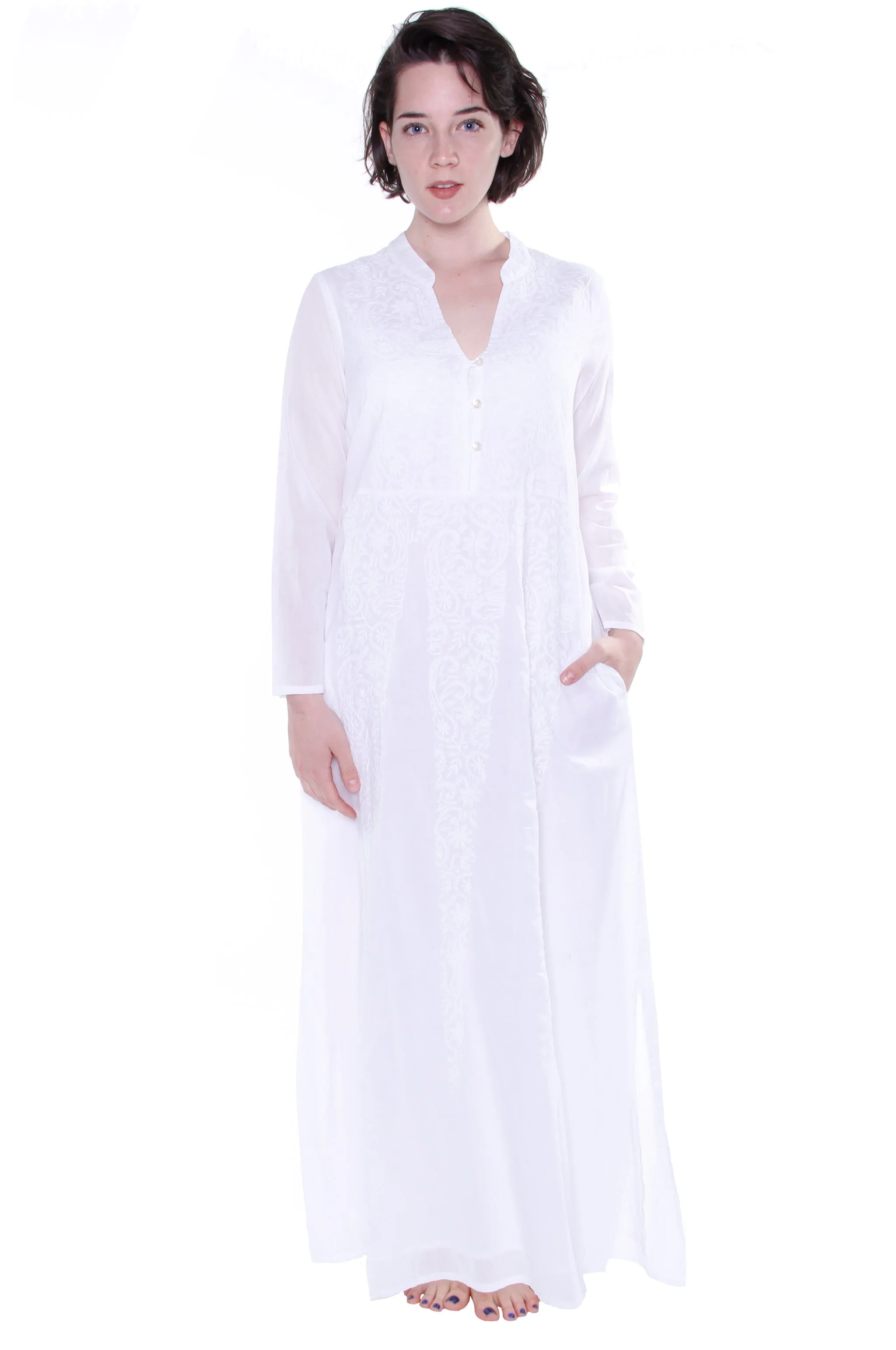 La Cera Notch V-Neck Embroidered Caftan