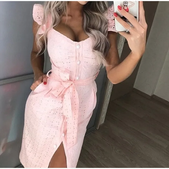 Lace Up Ruffles Buttons Belt Midi Dress