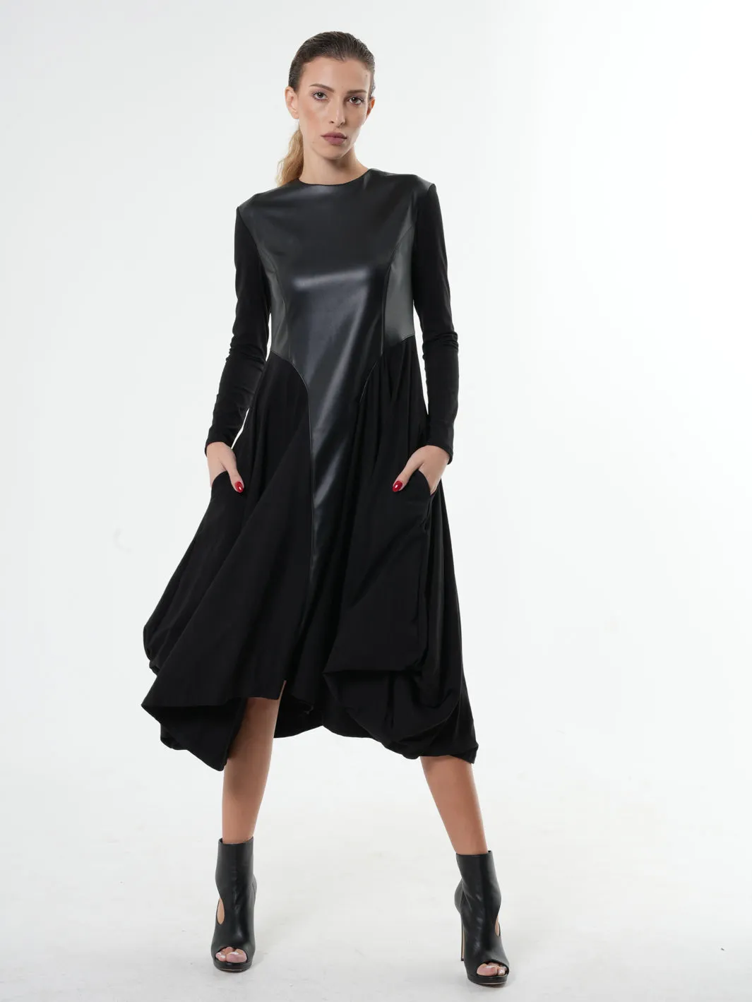 Long Sleeve Dress With Vegan Leather Front