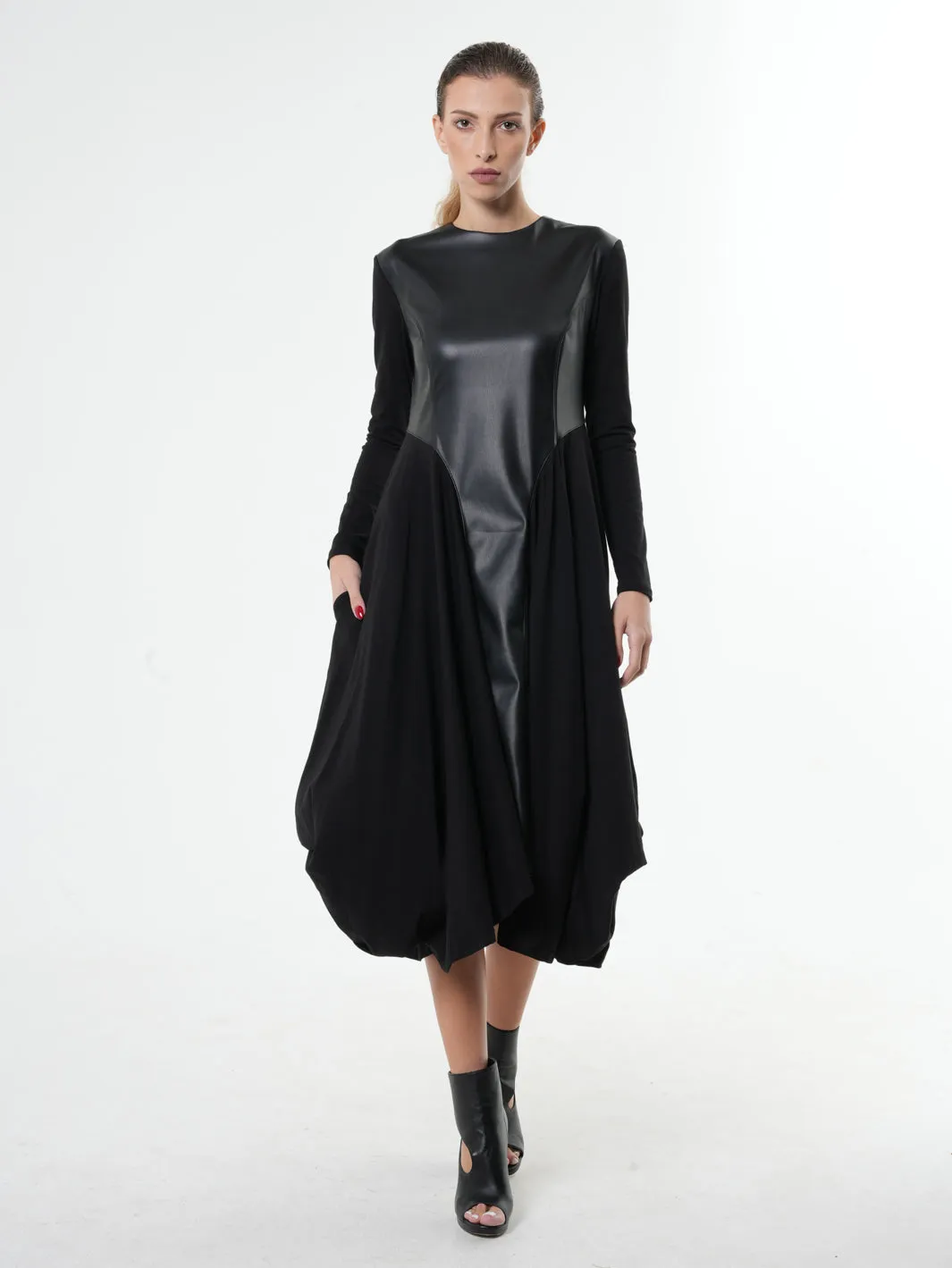 Long Sleeve Dress With Vegan Leather Front