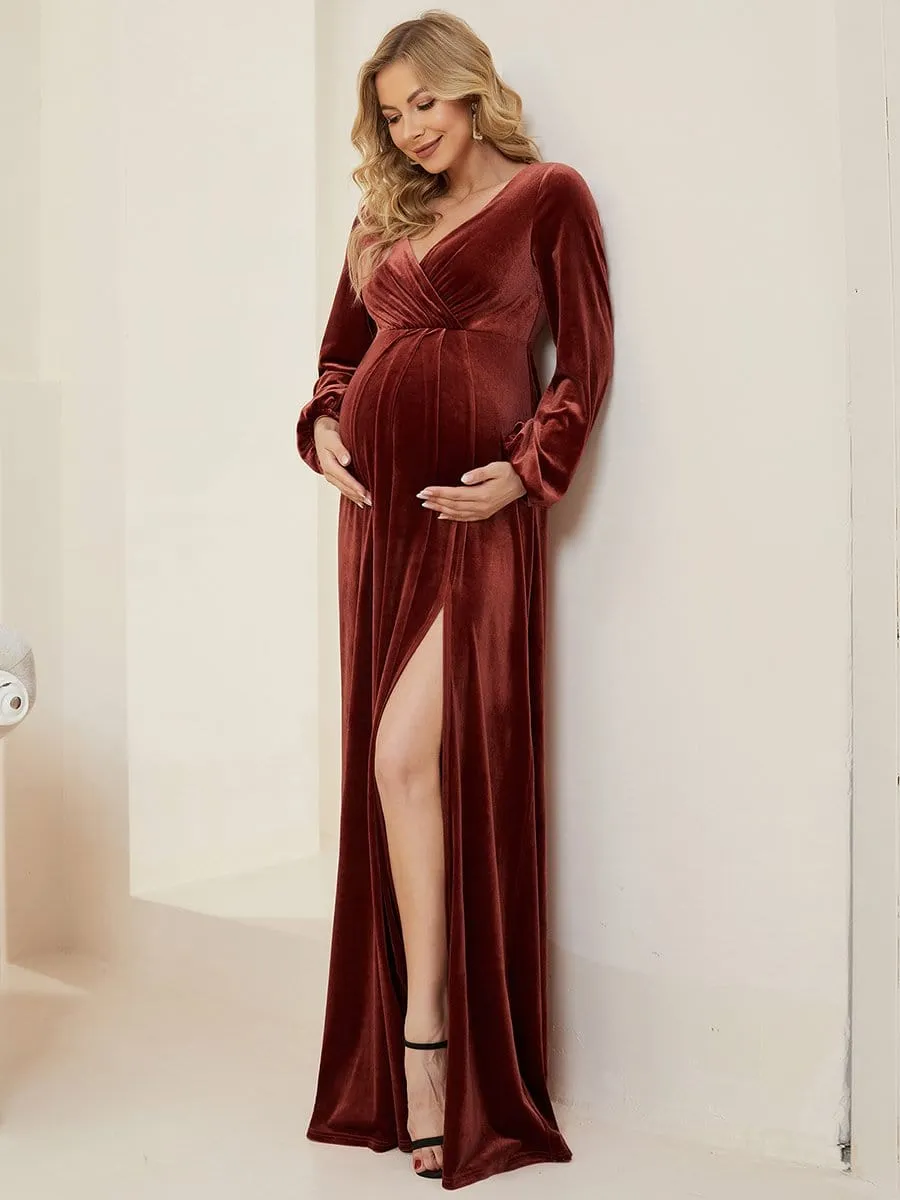 Long Sleeve Velvet V-Neck Front Slit Floor-Length Bump Friendly Dress