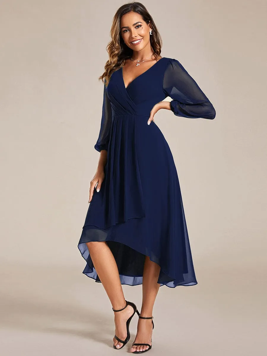 Long Sleeves Asymmetrical Hem A-Line Midi Wedding Guest Dress