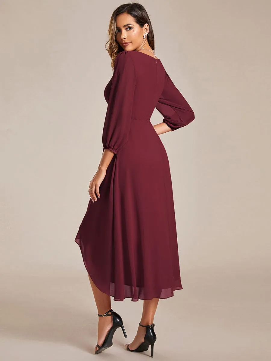 Long Sleeves Asymmetrical Hem A-Line Midi Wedding Guest Dress