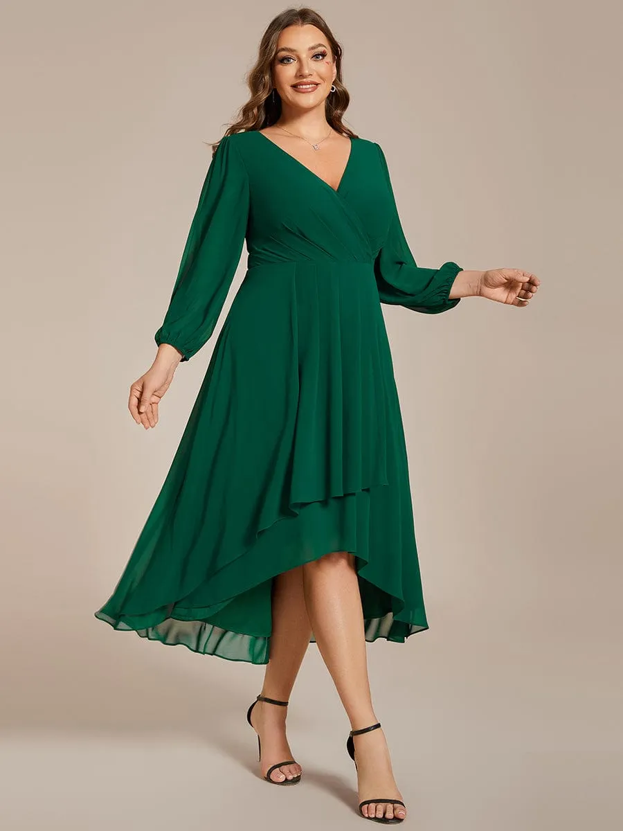 Long Sleeves Asymmetrical Hem A-Line Midi Wedding Guest Dress