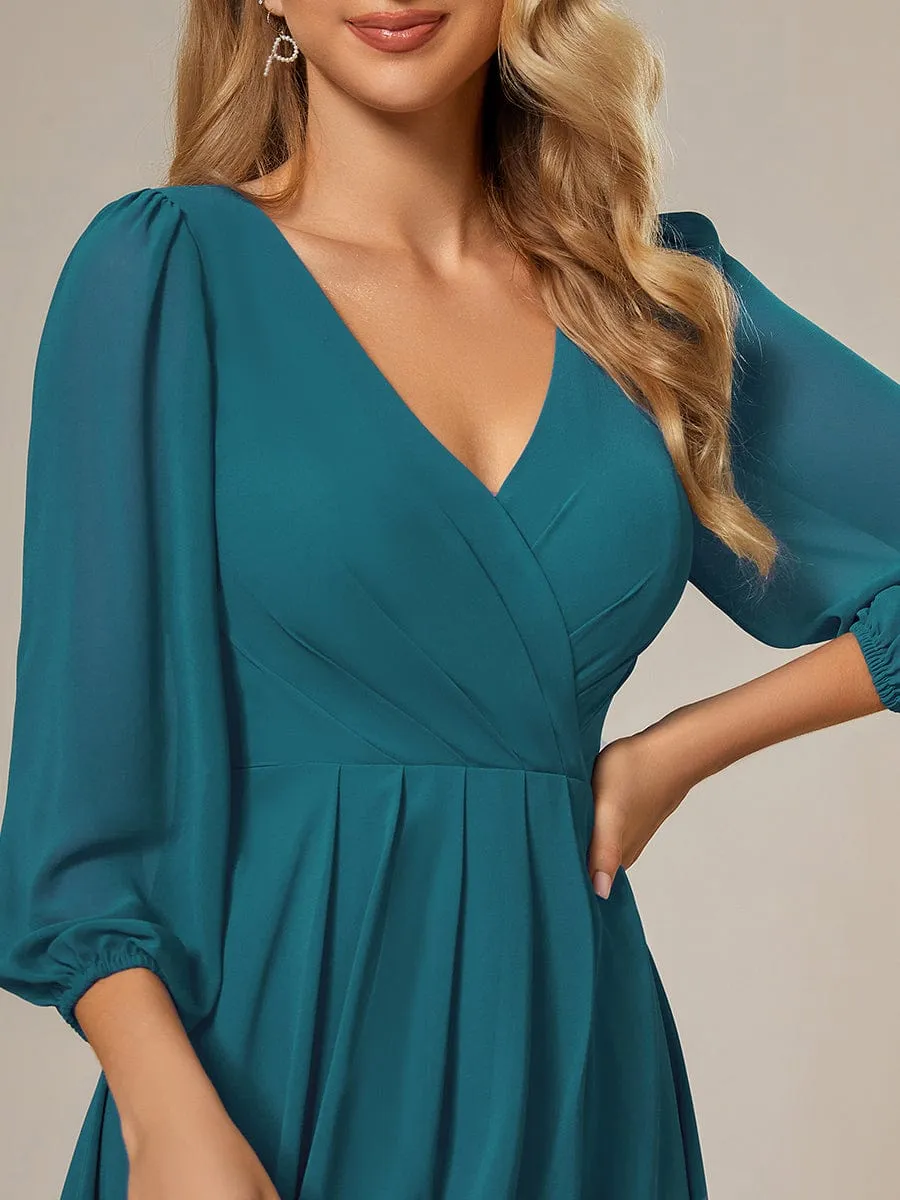 Long Sleeves Asymmetrical Hem A-Line Midi Wedding Guest Dress