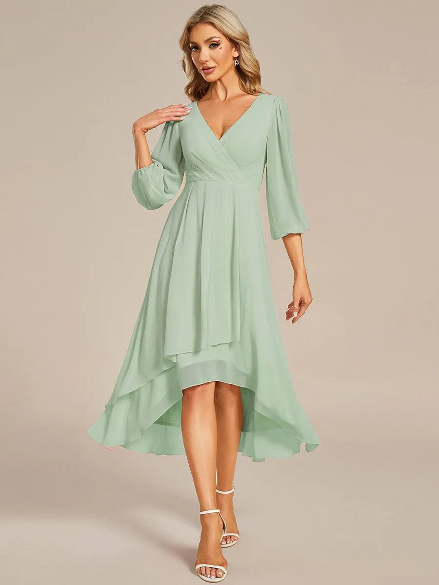 Long Sleeves Asymmetrical Hem A-Line Midi Wedding Guest Dress