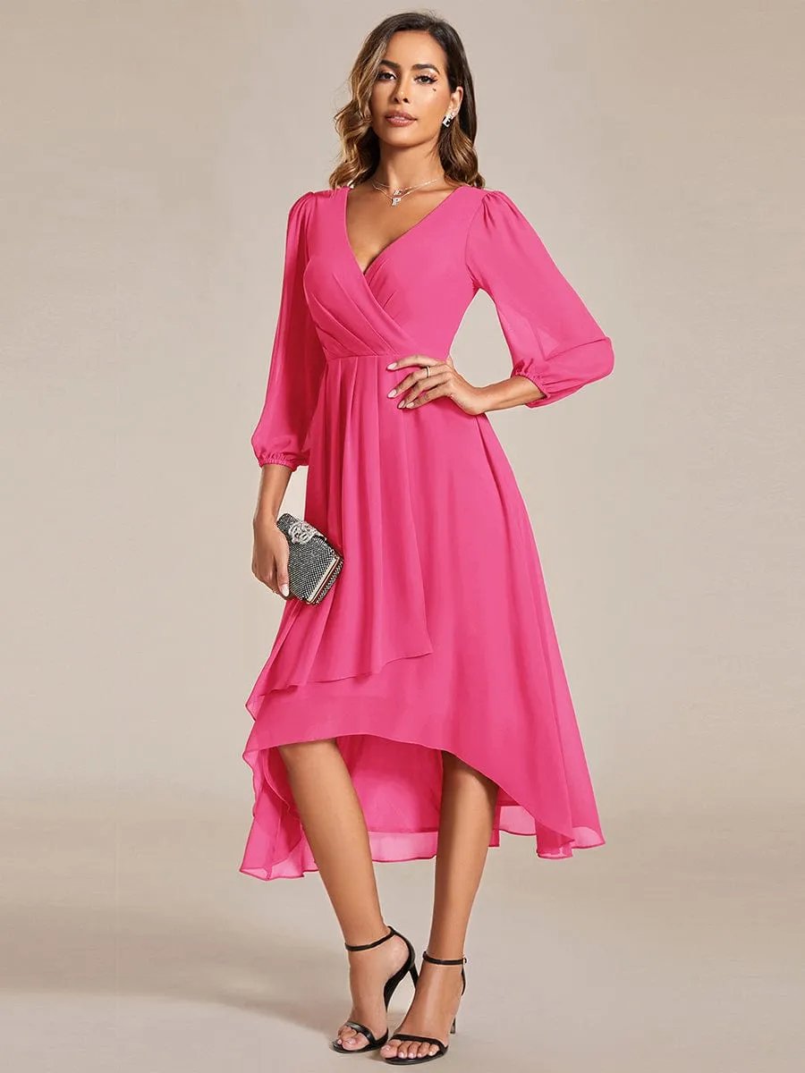 Long Sleeves Asymmetrical Hem A-Line Midi Wedding Guest Dress