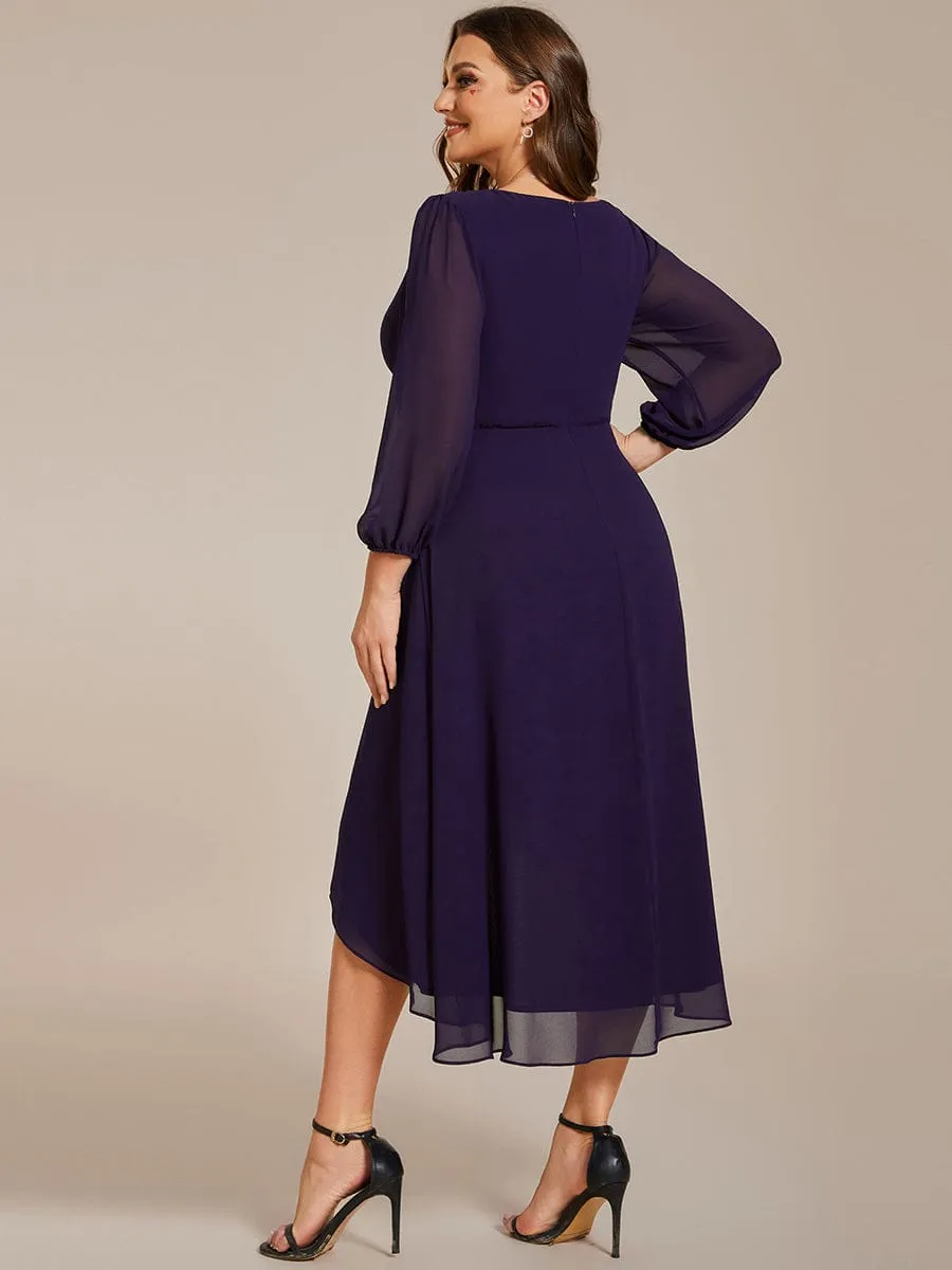 Long Sleeves Asymmetrical Hem A-Line Midi Wedding Guest Dress