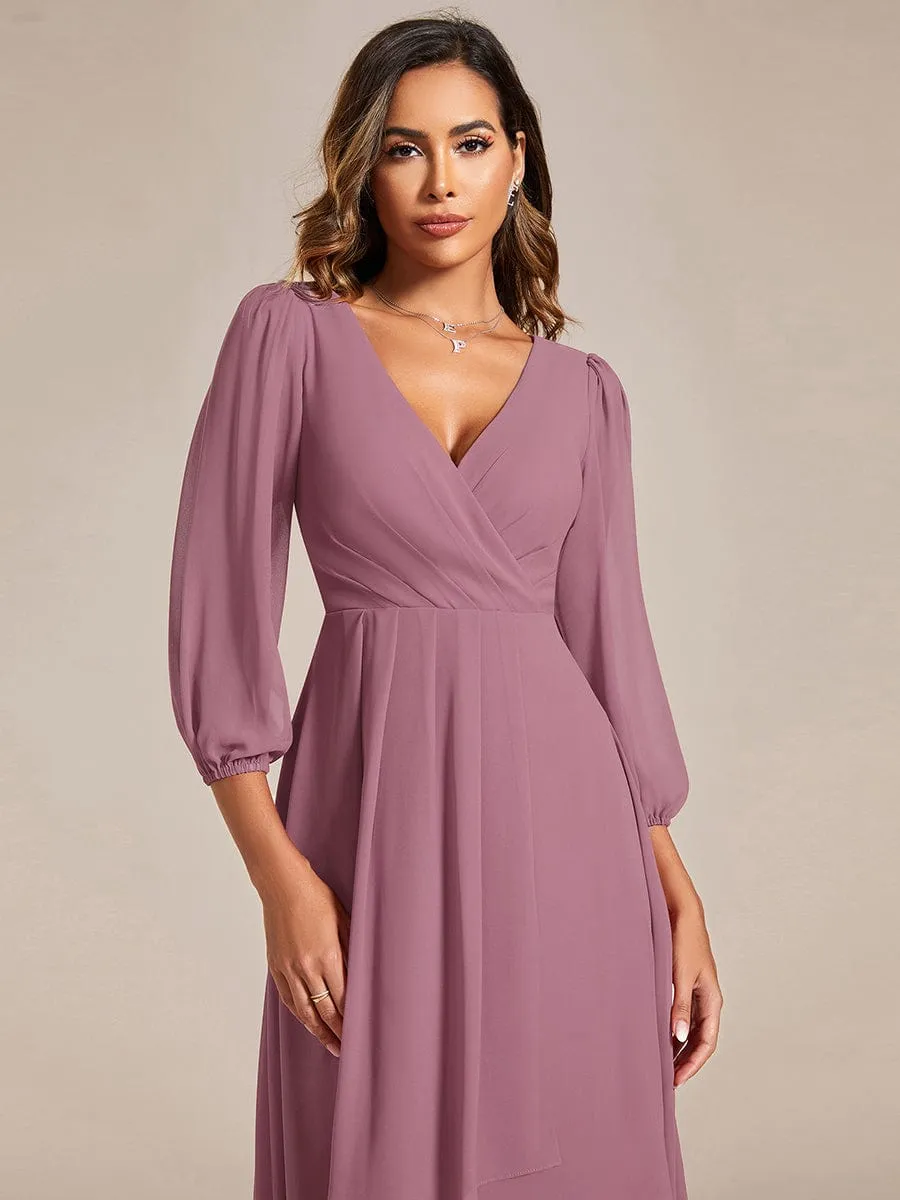 Long Sleeves Asymmetrical Hem A-Line Midi Wedding Guest Dress