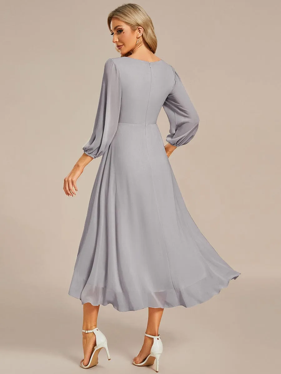 Long Sleeves Asymmetrical Hem A-Line Midi Wedding Guest Dress