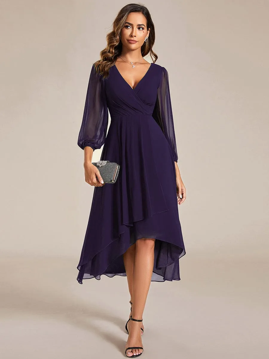 Long Sleeves Asymmetrical Hem A-Line Midi Wedding Guest Dress