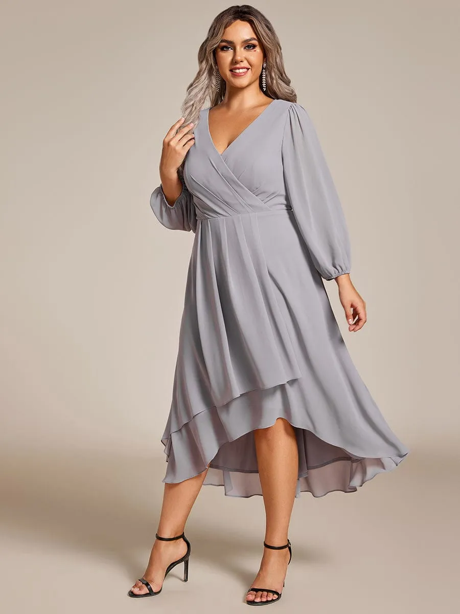 Long Sleeves Asymmetrical Hem A-Line Midi Wedding Guest Dress