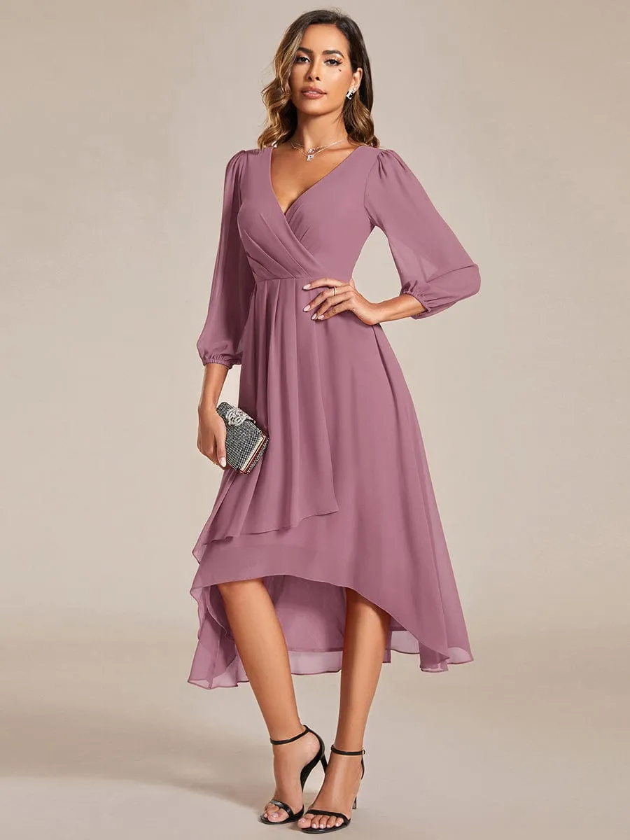 Long Sleeves Asymmetrical Hem A-Line Midi Wedding Guest Dress