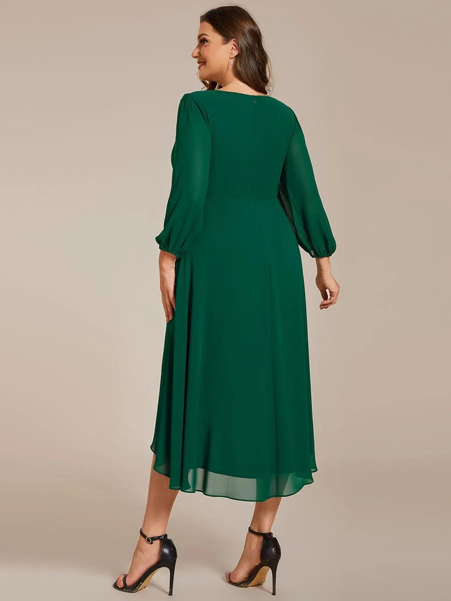 Long Sleeves Asymmetrical Hem A-Line Midi Wedding Guest Dress