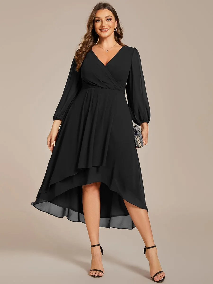 Long Sleeves Asymmetrical Hem A-Line Midi Wedding Guest Dress