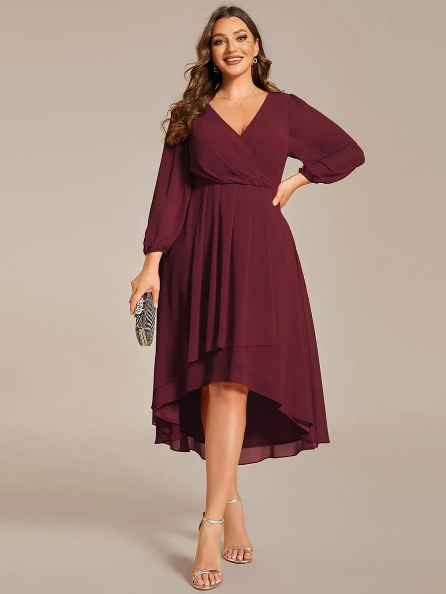 Long Sleeves Asymmetrical Hem A-Line Midi Wedding Guest Dress