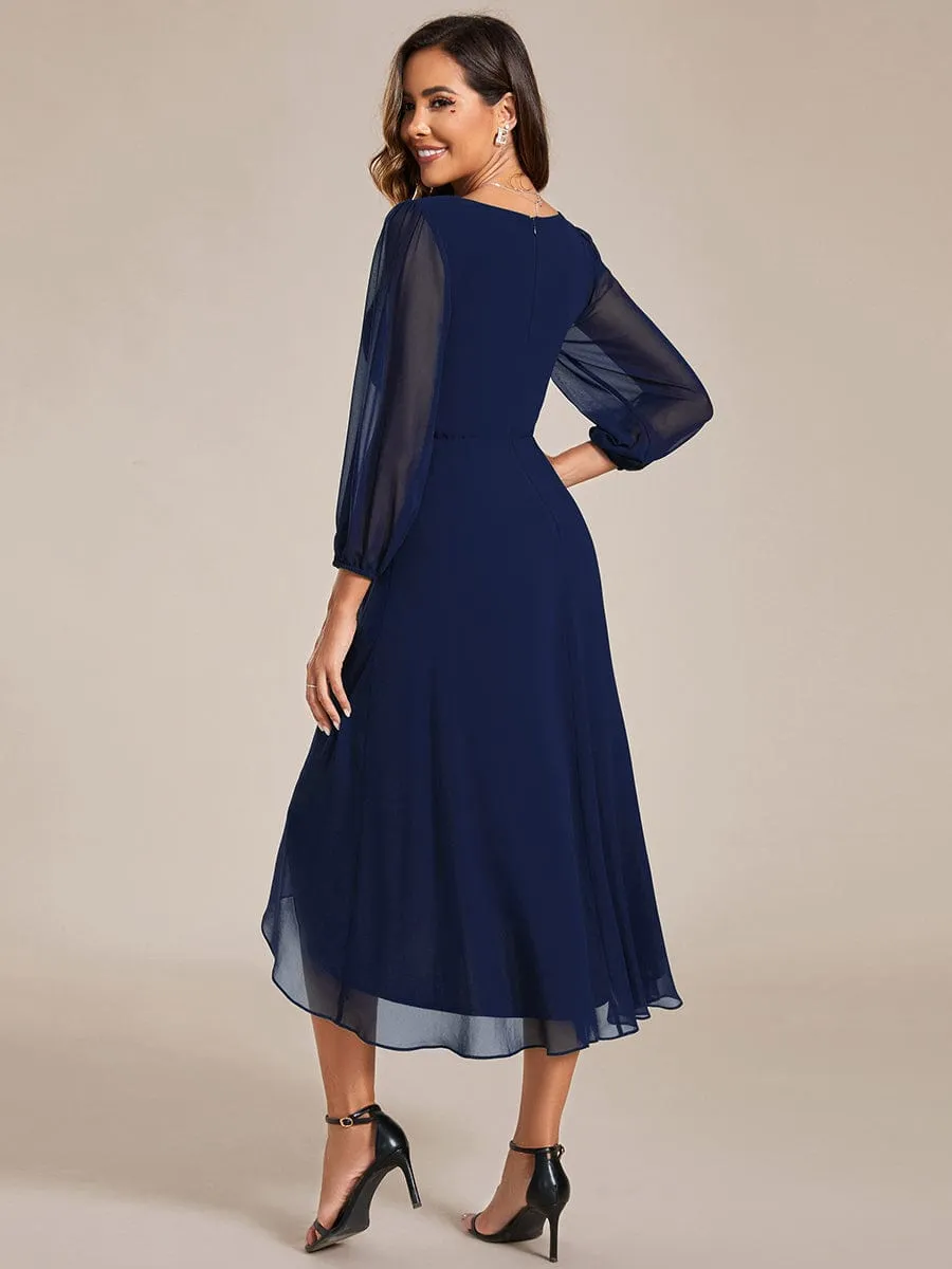 Long Sleeves Asymmetrical Hem A-Line Midi Wedding Guest Dress