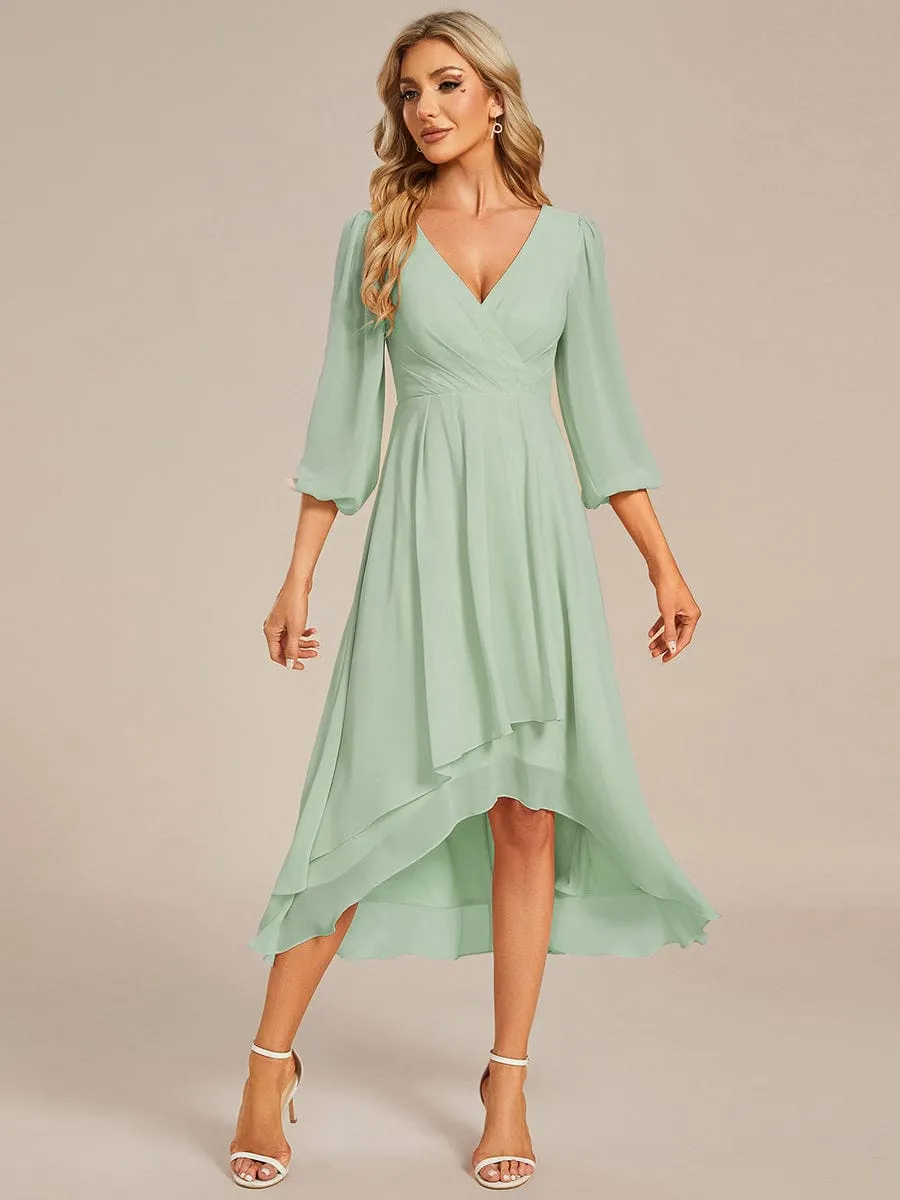 Long Sleeves Asymmetrical Hem A-Line Midi Wedding Guest Dress