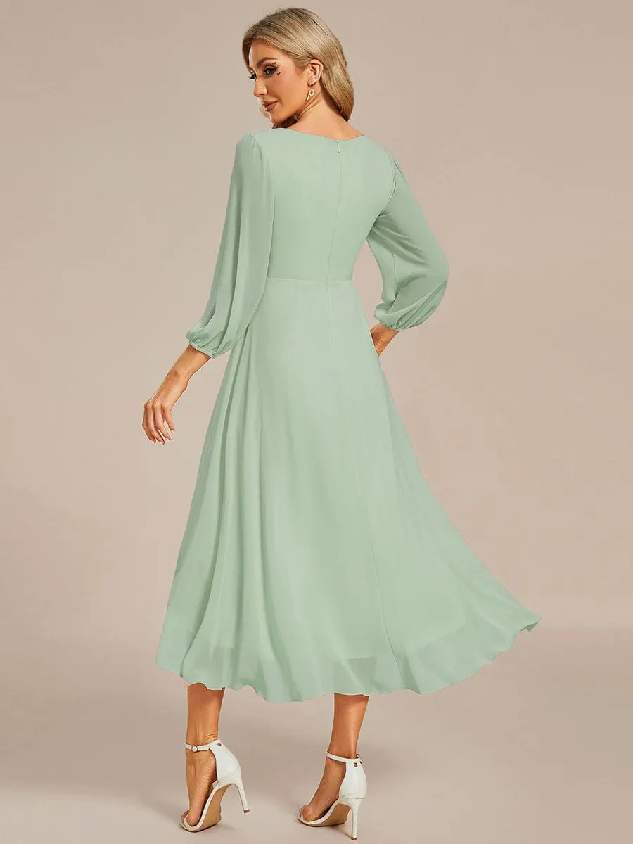 Long Sleeves Asymmetrical Hem A-Line Midi Wedding Guest Dress