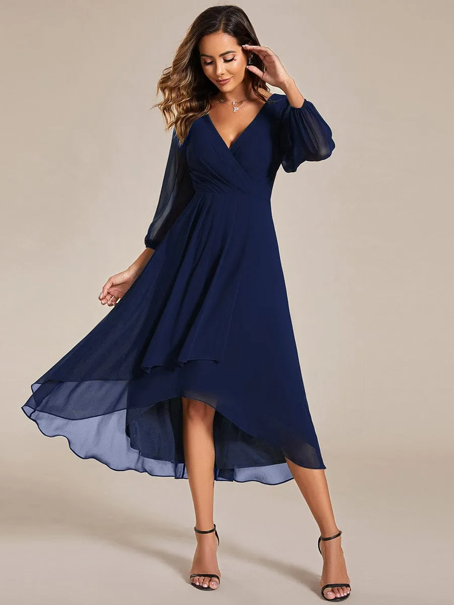 Long Sleeves Asymmetrical Hem A-Line Midi Wedding Guest Dress