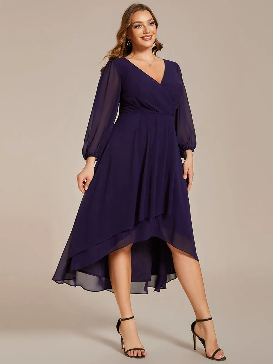 Long Sleeves Asymmetrical Hem A-Line Midi Wedding Guest Dress