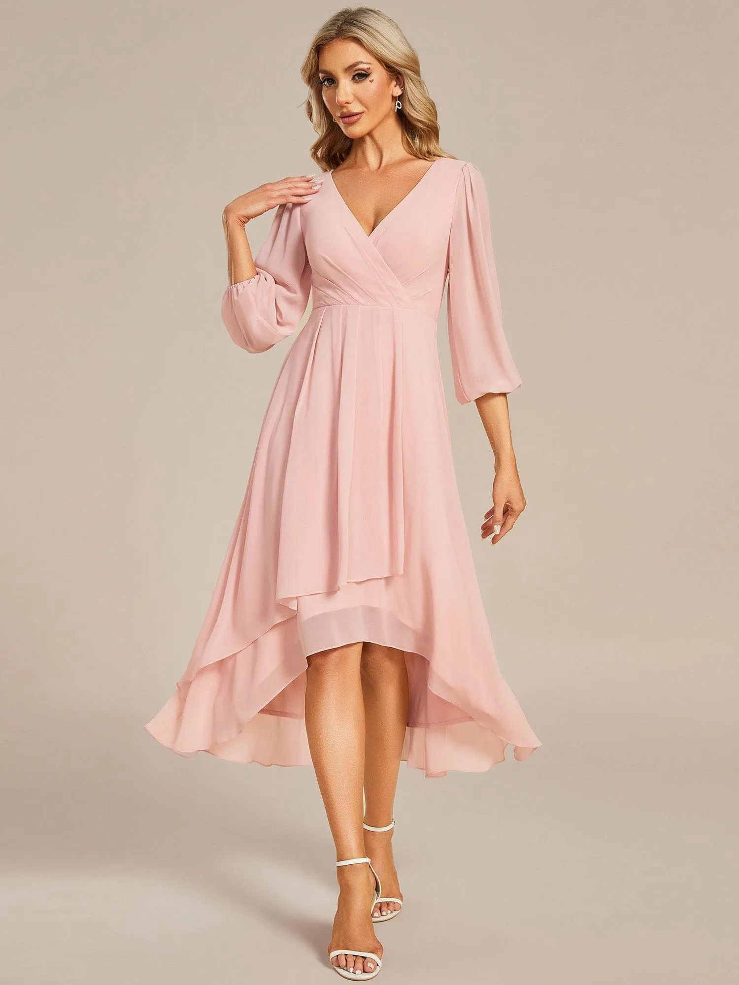 Long Sleeves Asymmetrical Hem A-Line Midi Wedding Guest Dress