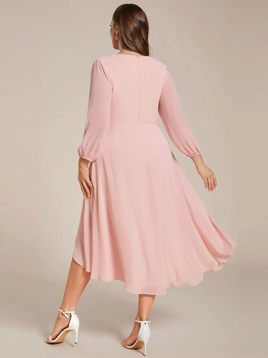 Long Sleeves Asymmetrical Hem A-Line Midi Wedding Guest Dress