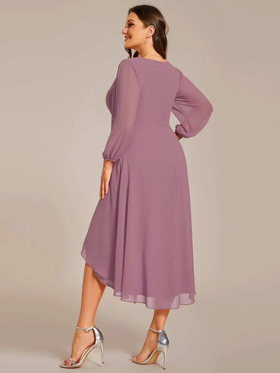 Long Sleeves Asymmetrical Hem A-Line Midi Wedding Guest Dress