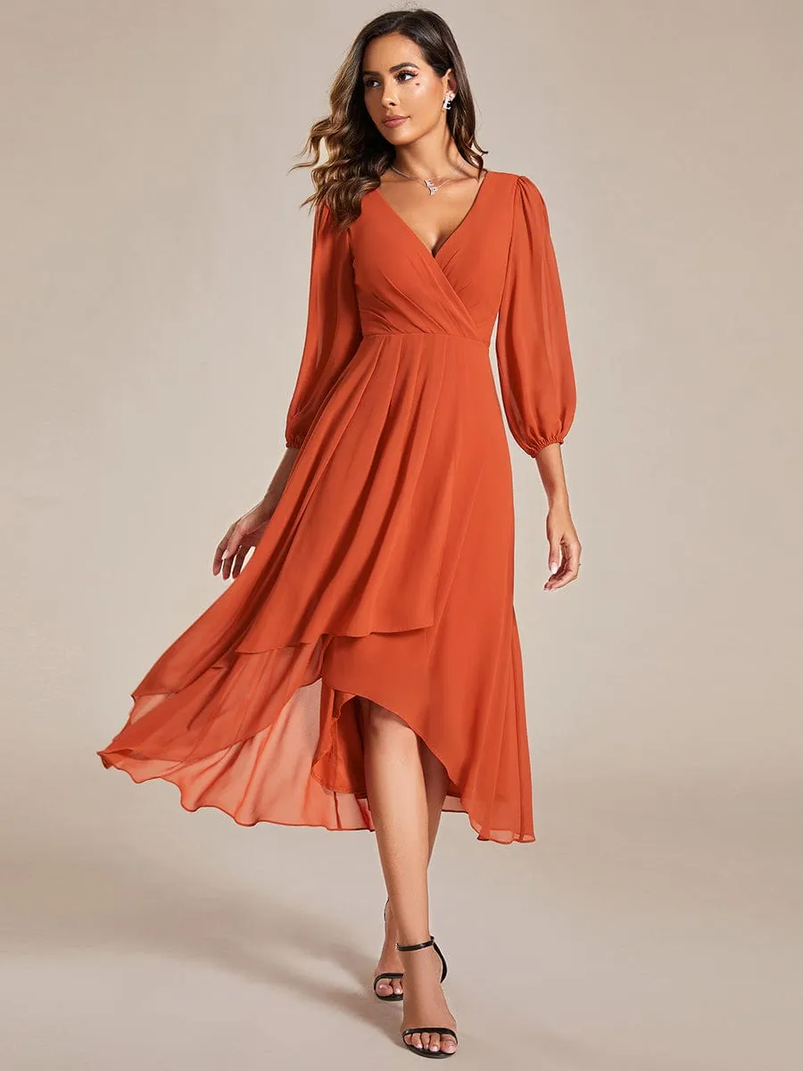 Long Sleeves Asymmetrical Hem A-Line Midi Wedding Guest Dress