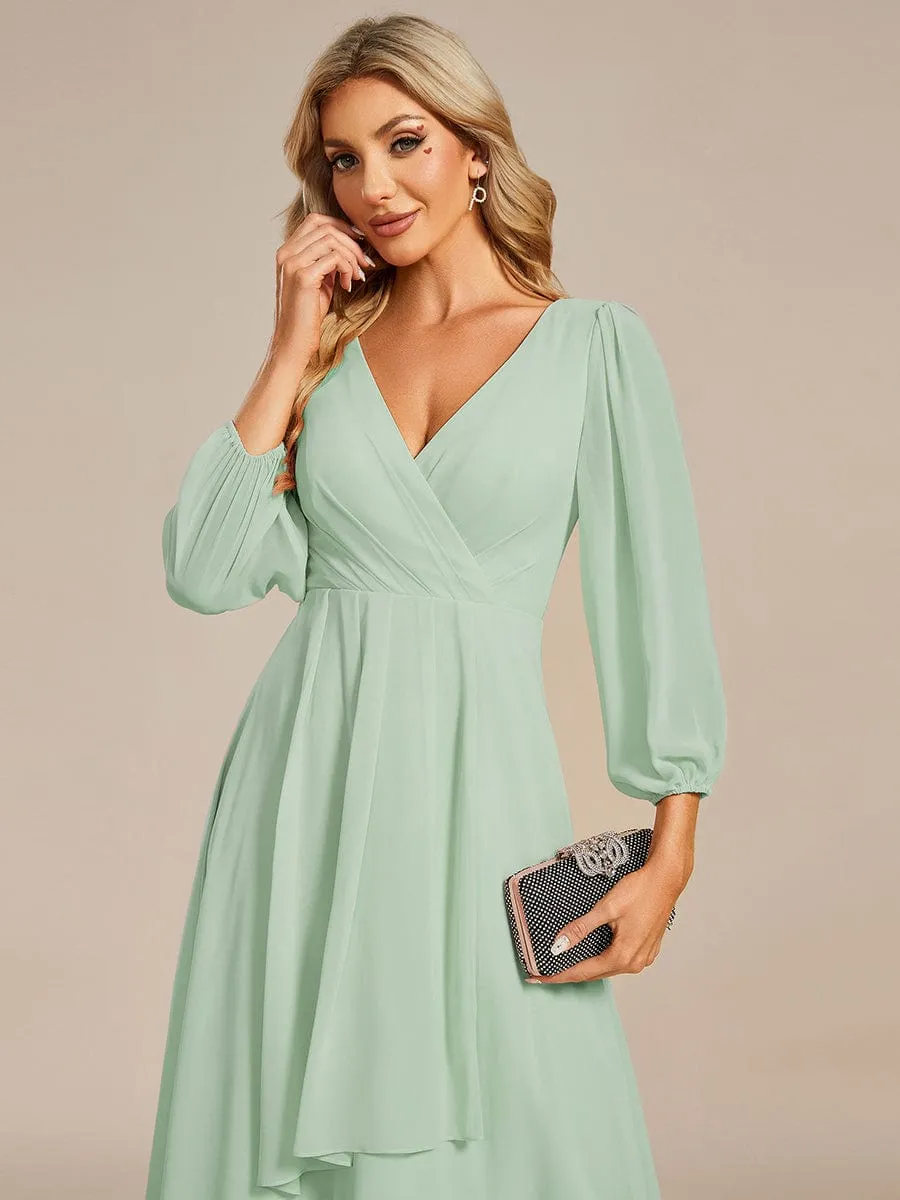 Long Sleeves Asymmetrical Hem A-Line Midi Wedding Guest Dress