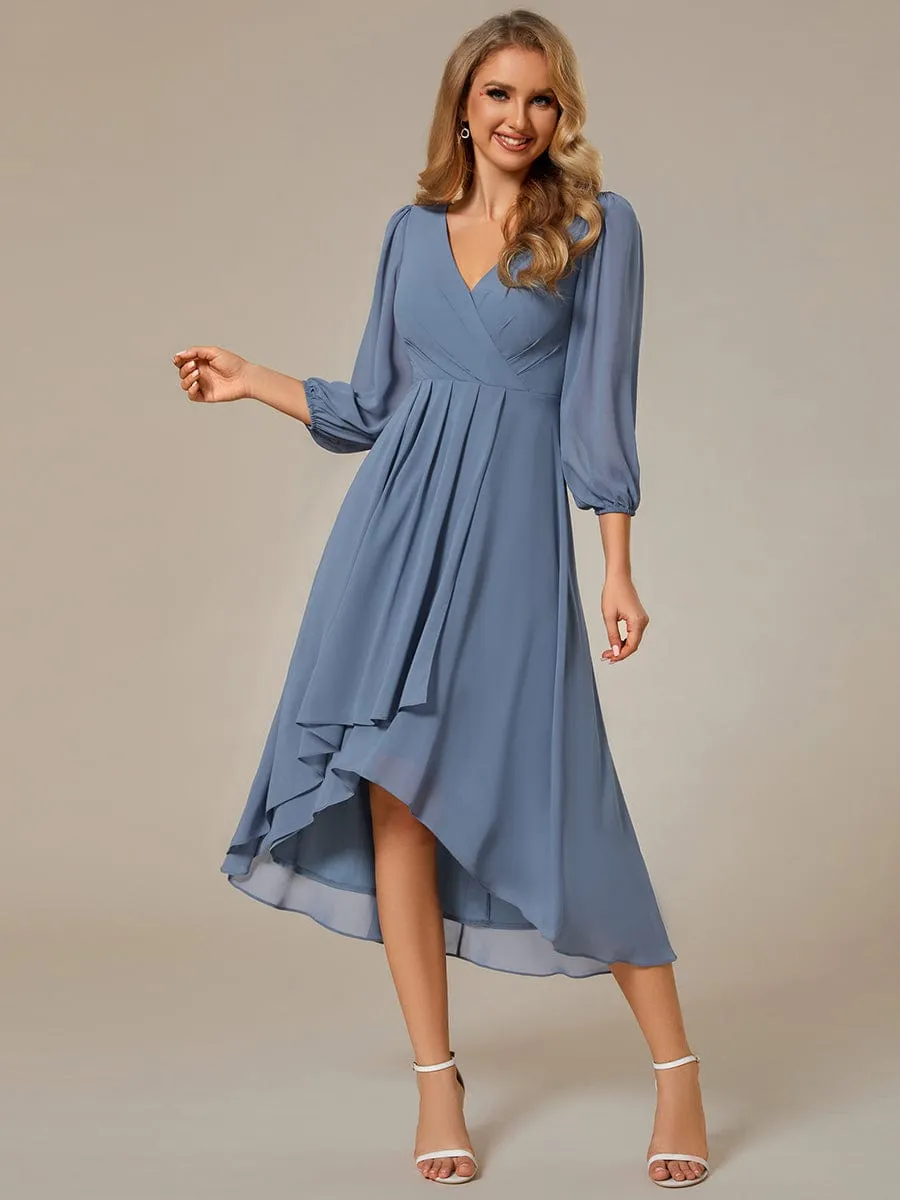 Long Sleeves Asymmetrical Hem A-Line Midi Wedding Guest Dress