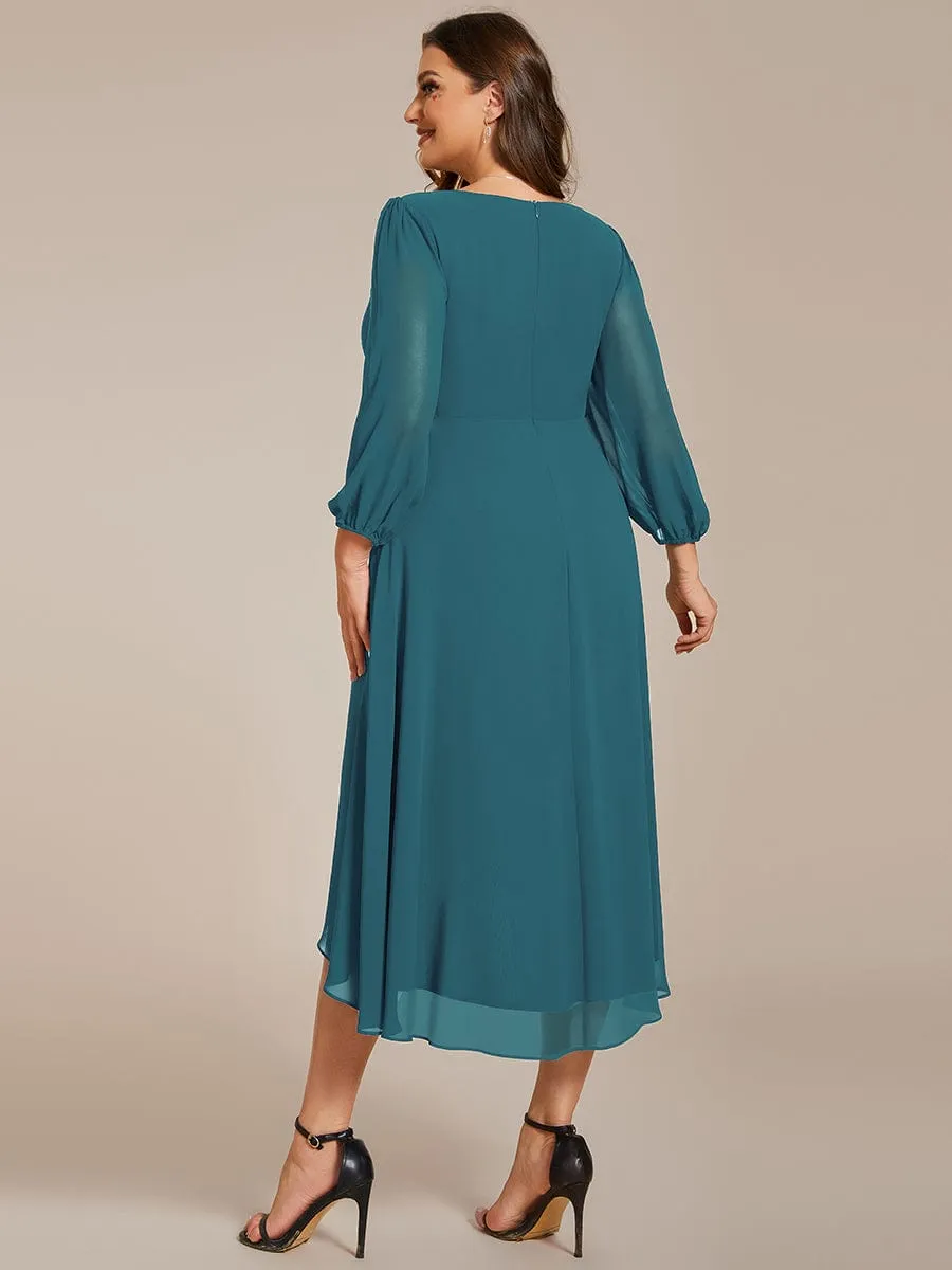 Long Sleeves Asymmetrical Hem A-Line Midi Wedding Guest Dress