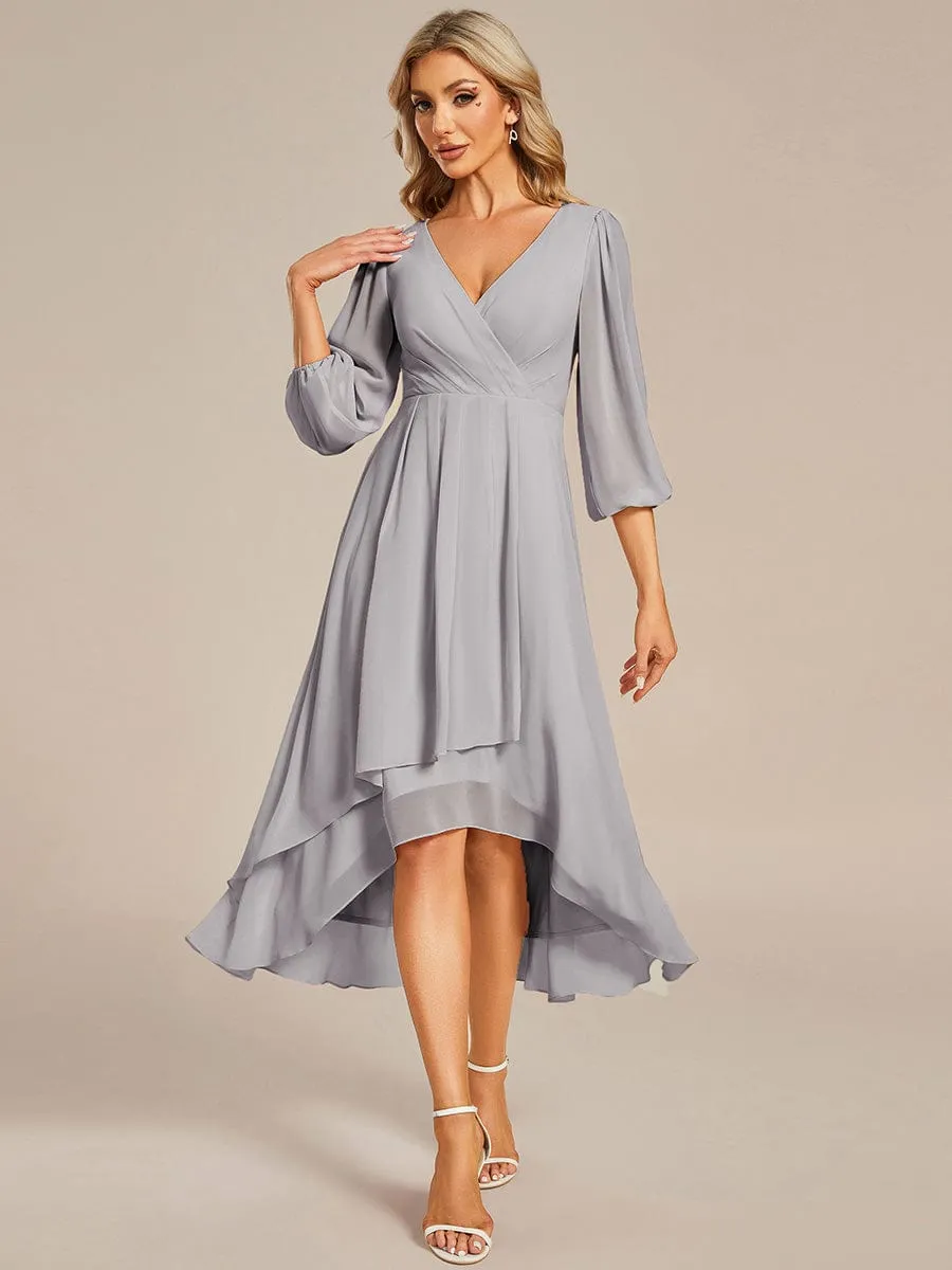 Long Sleeves Asymmetrical Hem A-Line Midi Wedding Guest Dress