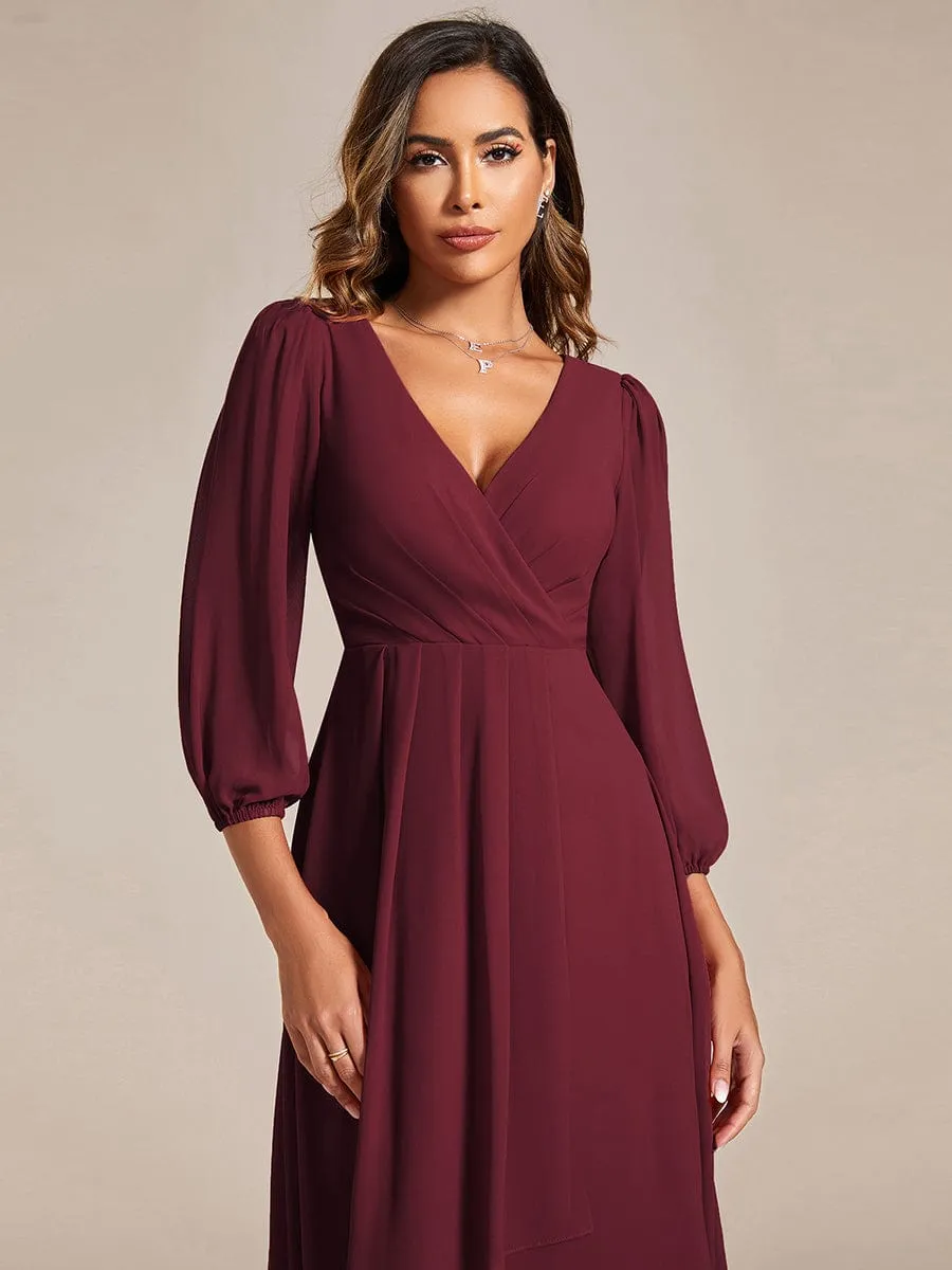 Long Sleeves Asymmetrical Hem A-Line Midi Wedding Guest Dress